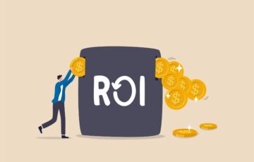 ROI, return on investment performance measure from cost invested and profit efficiency, marketing cost to get campaign success concept, businessman invest money coin in ROI box to get return profit.