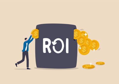 ROI, return on investment performance measure from cost invested and profit efficiency, marketing cost to get campaign success concept, businessman invest money coin in ROI box to get return profit.